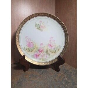 Vtg RS PRUSSIA Bone China Blue Mark Pink FLOWERS Gold Gild Border 6 1/2"d Plate
